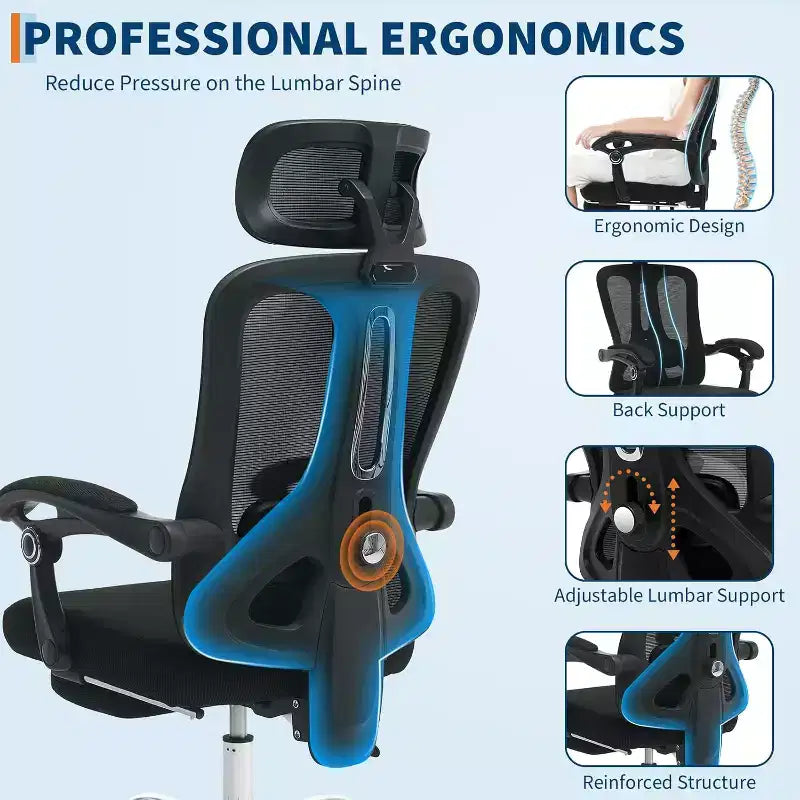 High Back Ergonomic Office Chair with Mesh Back, Retractable Footrest, Adjustable Headrest & Lumbar Support  Computer Desk Chair with Wheels