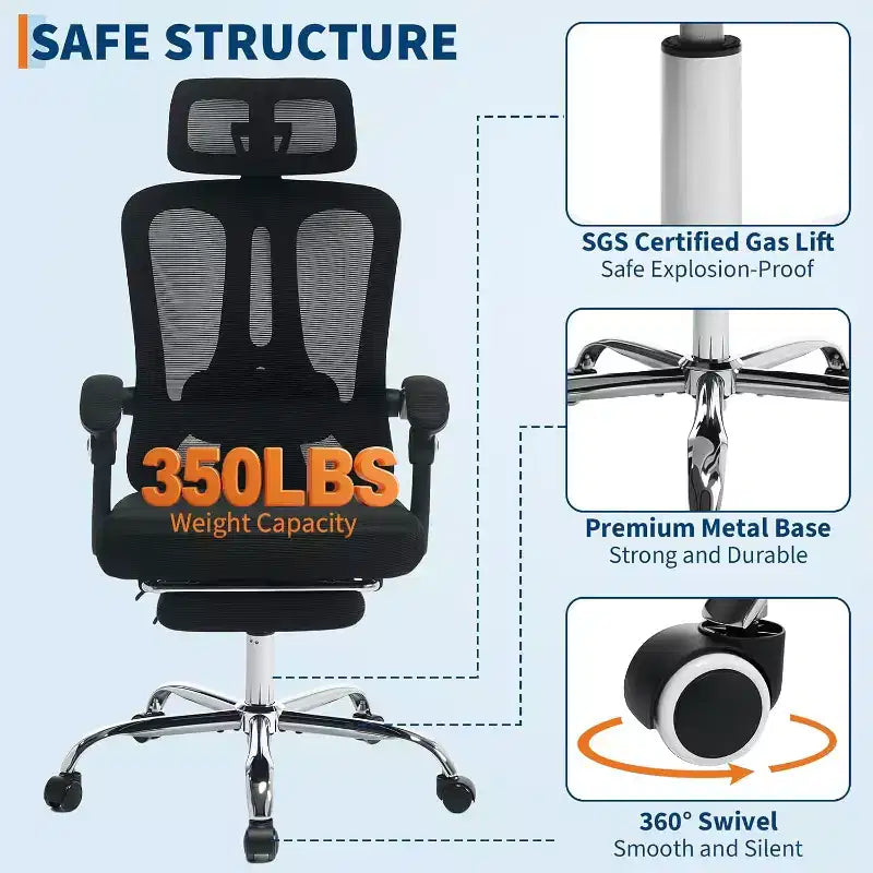 High Back Ergonomic Office Chair with Mesh Back, Retractable Footrest, Adjustable Headrest & Lumbar Support  Computer Desk Chair with Wheels