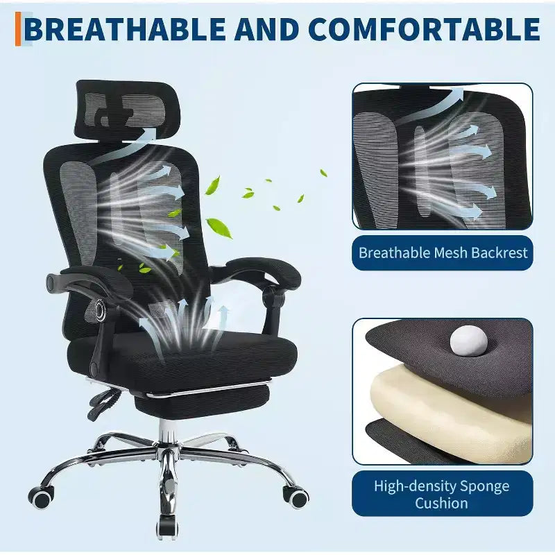 High Back Ergonomic Office Chair with Mesh Back, Retractable Footrest, Adjustable Headrest & Lumbar Support  Computer Desk Chair with Wheels