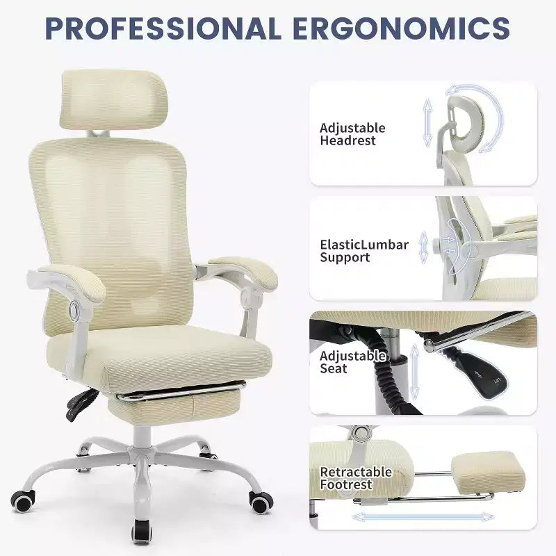High Back Ergonomic Office Chair with Mesh Back, Retractable Footrest, Adjustable Headrest & Lumbar Support  Computer Desk Chair with Wheels
