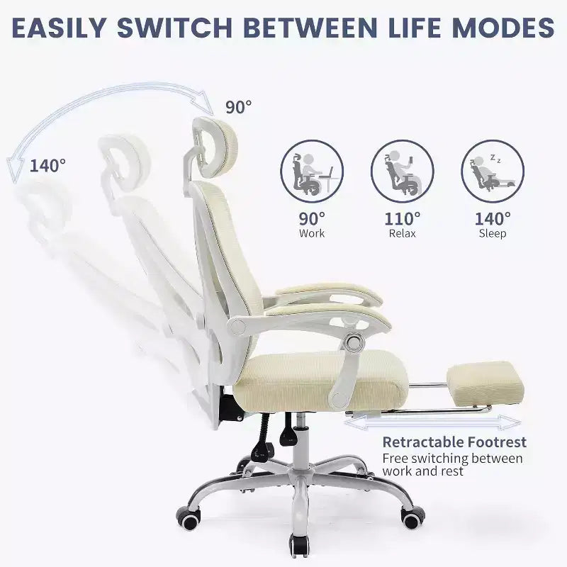 High Back Ergonomic Office Chair with Mesh Back, Retractable Footrest, Adjustable Headrest & Lumbar Support  Computer Desk Chair with Wheels