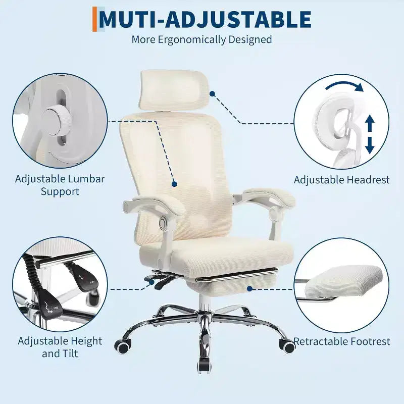High Back Ergonomic Office Chair with Mesh Back, Retractable Footrest, Adjustable Headrest & Lumbar Support  Computer Desk Chair with Wheels