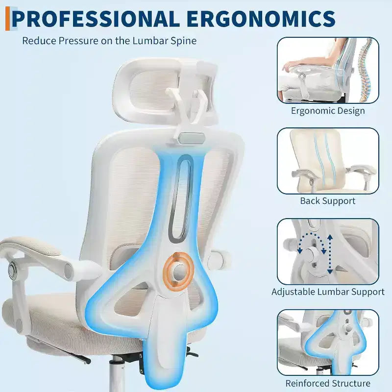 High Back Ergonomic Office Chair with Mesh Back, Retractable Footrest, Adjustable Headrest & Lumbar Support  Computer Desk Chair with Wheels