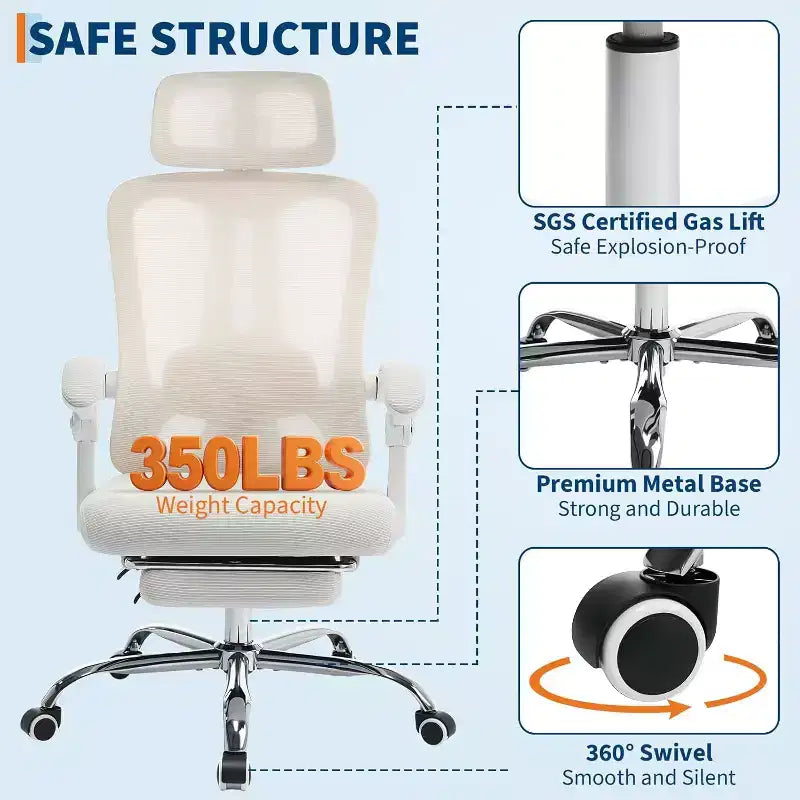 High Back Ergonomic Office Chair with Mesh Back, Retractable Footrest, Adjustable Headrest & Lumbar Support  Computer Desk Chair with Wheels