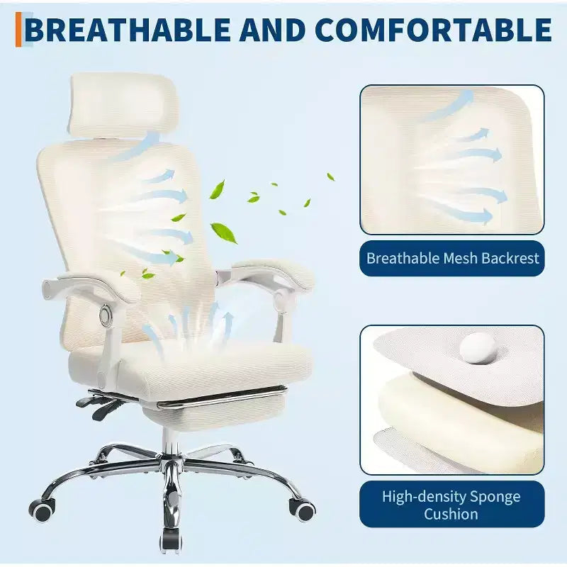 High Back Ergonomic Office Chair with Mesh Back, Retractable Footrest, Adjustable Headrest & Lumbar Support  Computer Desk Chair with Wheels