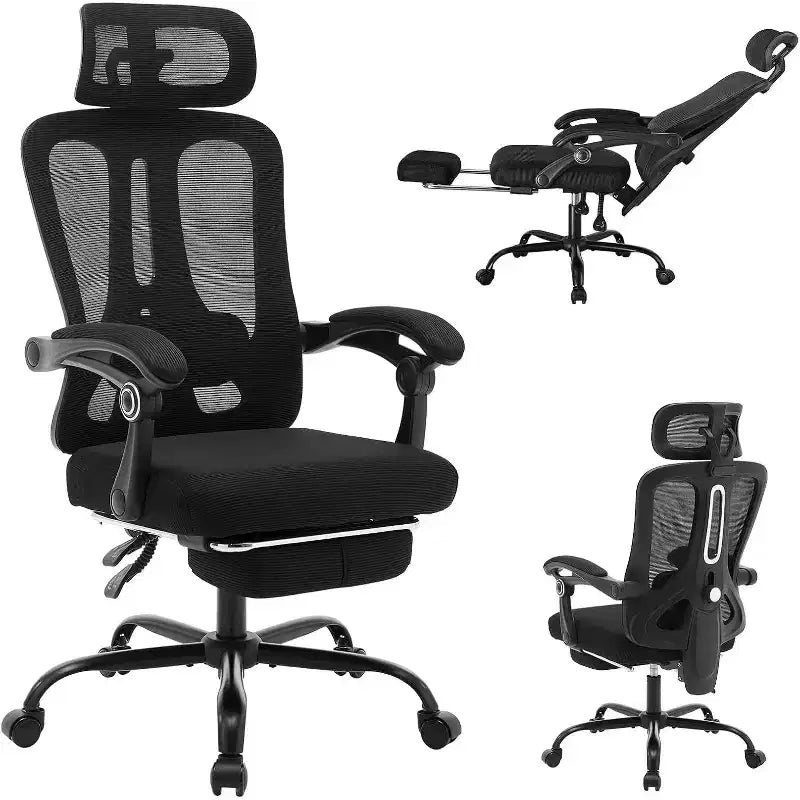 Chaise de bureau ergonomique à dossier haut avec dossier en maille, repose-pieds rétractable, appui-tête et support lombaire réglables, fauteuil de bureau avec roulettes