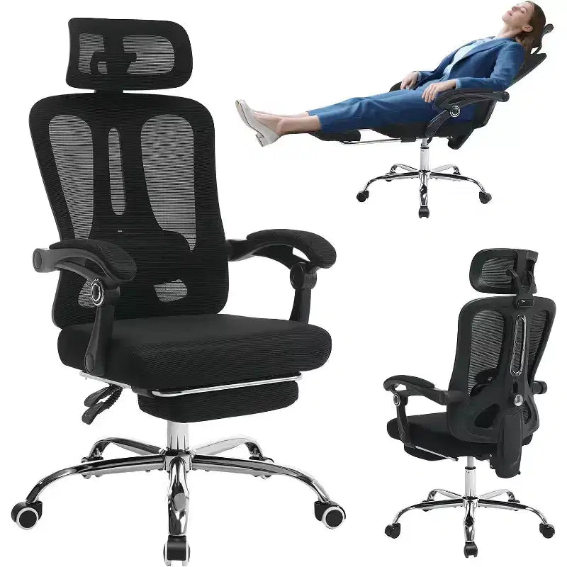 Chaise de bureau ergonomique à dossier haut avec dossier en maille, repose-pieds rétractable, appui-tête et support lombaire réglables, fauteuil de bureau avec roulettes