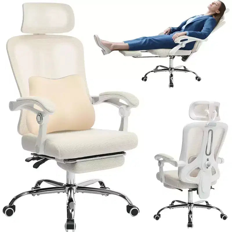 Chaise de bureau ergonomique à dossier haut avec dossier en maille, repose-pieds rétractable, appui-tête et support lombaire réglables, fauteuil de bureau avec roulettes
