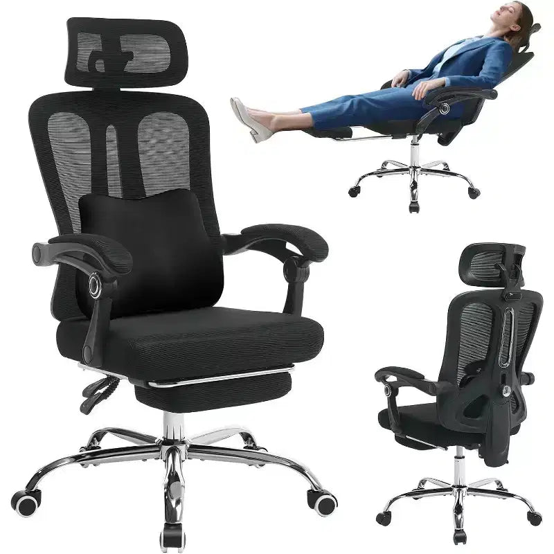 Chaise de bureau ergonomique à dossier haut avec dossier en maille, repose-pieds rétractable, appui-tête et support lombaire réglables, fauteuil de bureau avec roulettes