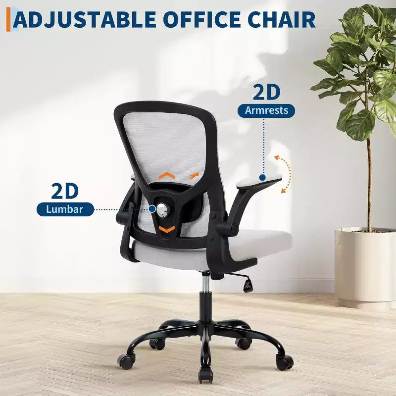 Premium Ergonomic High-Grey Mesh Office Chair - Adjustable Height, Flip-Up Armrests & Lumbar Support - Comfy Swivel Seat for Home, Gaming & Work
