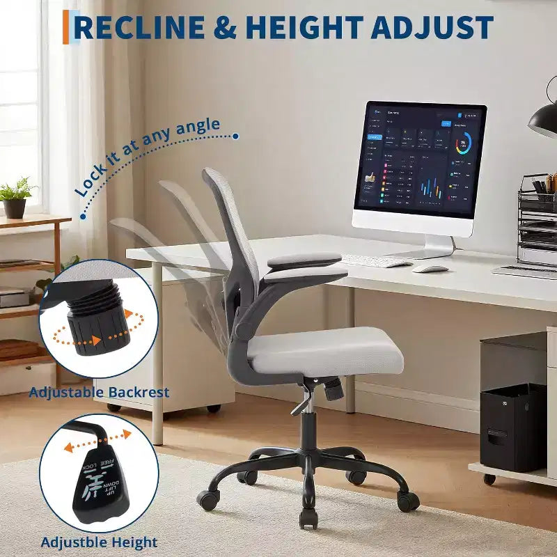 Premium Ergonomic High-Grey Mesh Office Chair - Adjustable Height, Flip-Up Armrests & Lumbar Support - Comfy Swivel Seat for Home, Gaming & Work