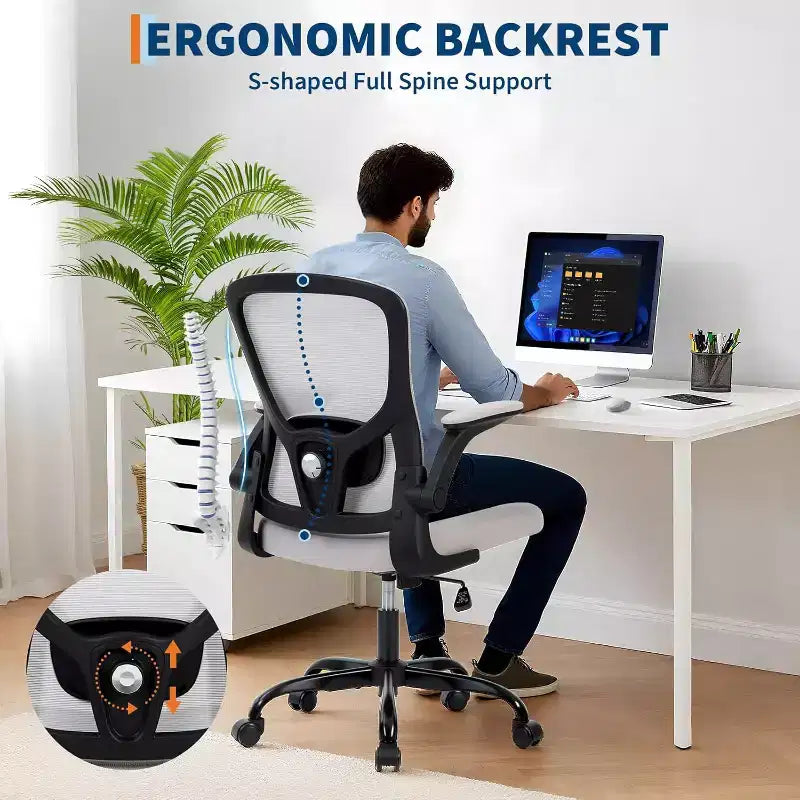 Premium Ergonomic High-Grey Mesh Office Chair - Adjustable Height, Flip-Up Armrests & Lumbar Support - Comfy Swivel Seat for Home, Gaming & Work