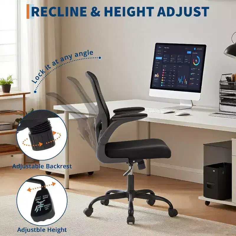 Premium Ergonomic High-Grey Mesh Office Chair - Adjustable Height, Flip-Up Armrests & Lumbar Support - Comfy Swivel Seat for Home, Gaming & Work