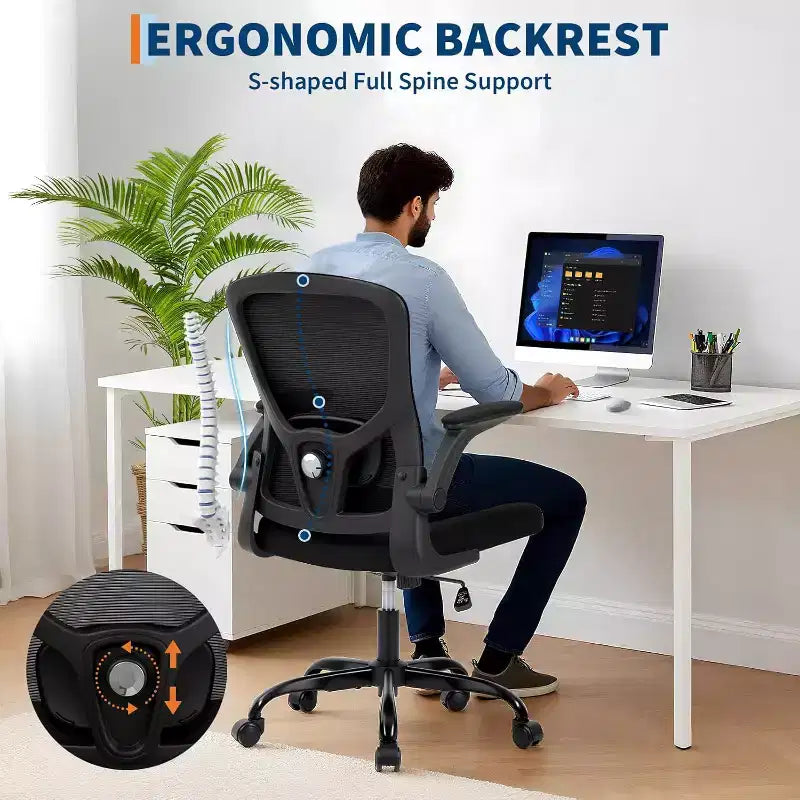Premium Ergonomic High-Grey Mesh Office Chair - Adjustable Height, Flip-Up Armrests & Lumbar Support - Comfy Swivel Seat for Home, Gaming & Work