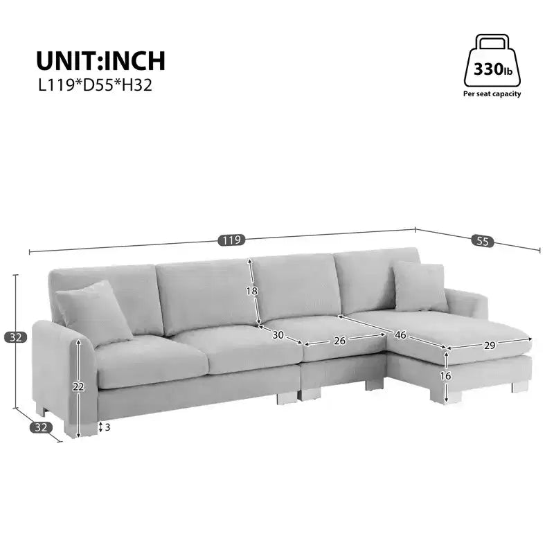 4 Seat Modular Convertible Sectional Sofa Set, Upholstered Sleeper Corner Couch, Deep-Seat Loveseat with Ottoman for Living Room, Office, Apartment