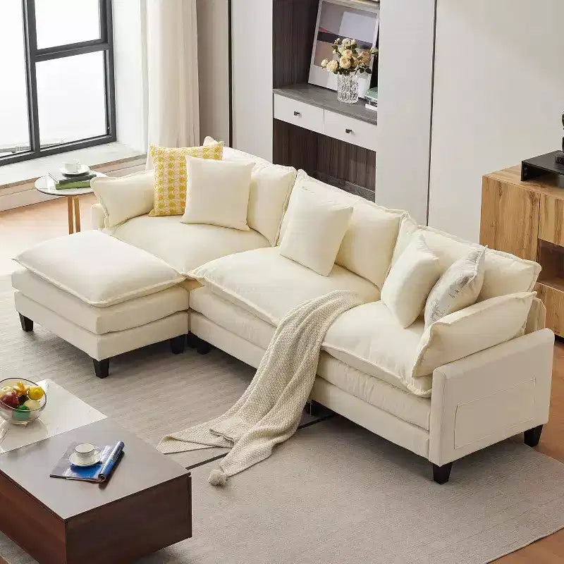 Acekool 112 Modular Sectional Sofa with Ottoman, Deep Seat Comfy Upholstered 3 Seater Sofa with Pillows for Living Room, Bedroom, Apartment