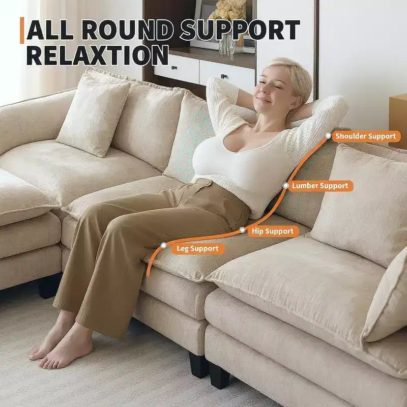 Acekool 112 Modular Sectional Sofa with Ottoman, Deep Seat Comfy Upholstered 3 Seater Sofa with Pillows for Living Room, Bedroom, Apartment