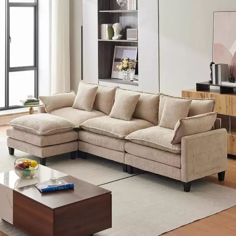 Acekool 112 Modular Sectional Sofa with Ottoman, Deep Seat Comfy Upholstered 3 Seater Sofa with Pillows for Living Room, Bedroom, Apartment