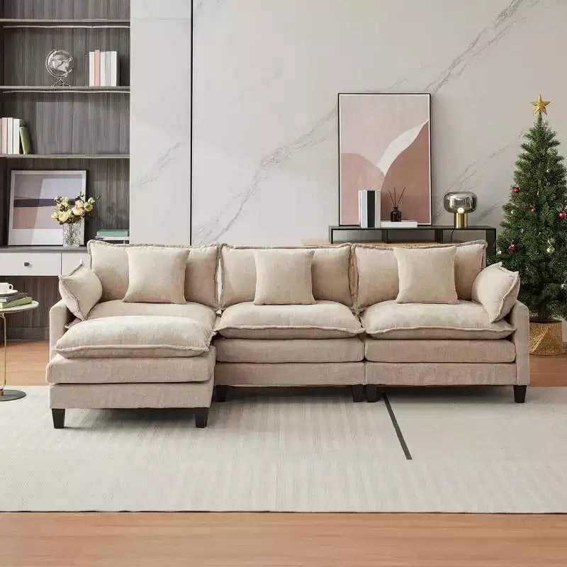 Acekool 112 Modular Sectional Sofa with Ottoman, Deep Seat Comfy Upholstered 3 Seater Sofa with Pillows for Living Room, Bedroom, Apartment