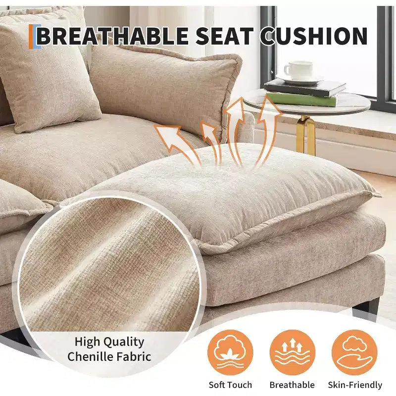 Acekool 112 Modular Sectional Sofa with Ottoman, Deep Seat Comfy Upholstered 3 Seater Sofa with Pillows for Living Room, Bedroom, Apartment