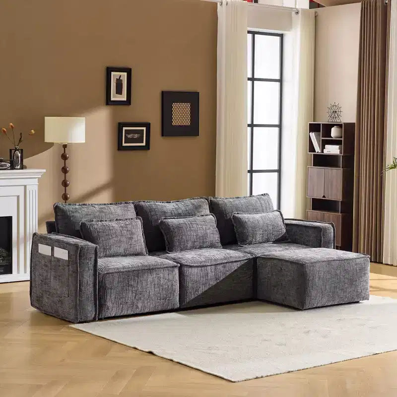 Karl Home | Sofá esquinero de chenilla sin brazos de 279 cm de ancho con 3 asientos y forma de L, en color gris con otomana