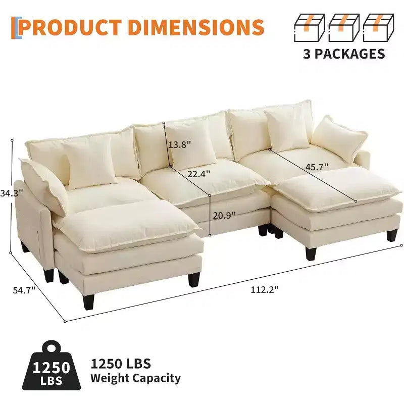 112''L-Shaped Modern Sofa Modular Combination Cloud Sofa with Ottoman 3-Seater Chenille Combo Set with 1 Footstool for Home