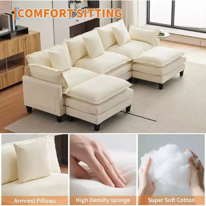 112''L-Shaped Modern Sofa Modular Combination Cloud Sofa with Ottoman 3-Seater Chenille Combo Set with 1 Footstool for Home