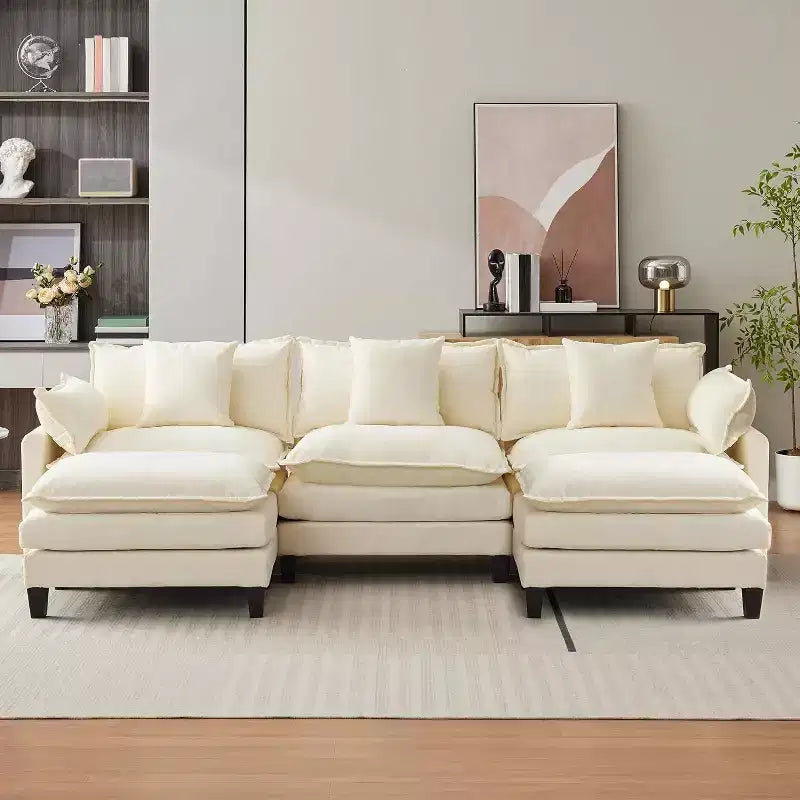 112''L-Shaped Modern Sofa Modular Combination Cloud Sofa with Ottoman 3-Seater Chenille Combo Set with 1 Footstool for Home