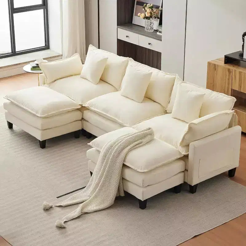 112''L-Shaped Modern Sofa Modular Combination Cloud Sofa with Ottoman 3-Seater Chenille Combo Set with 1 Footstool for Home