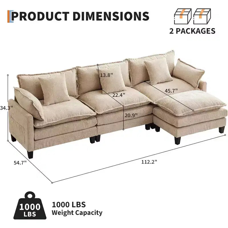 112''L-Shaped Modern Sofa Modular Combination Cloud Sofa with Ottoman 3-Seater Chenille Combo Set with 1 Footstool for Home