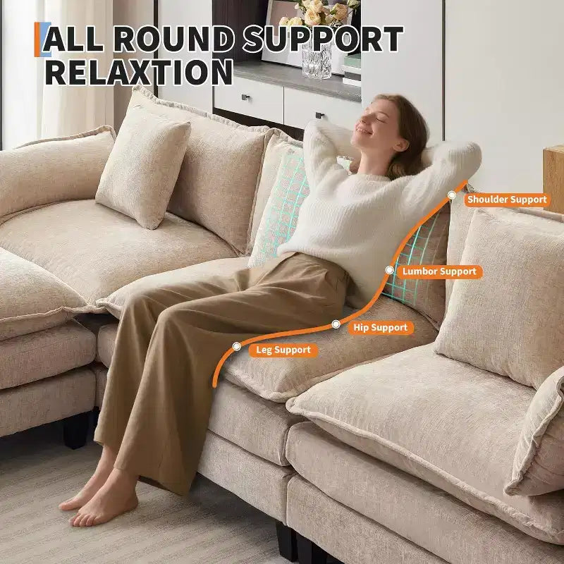 112''L-Shaped Modern Sofa Modular Combination Cloud Sofa with Ottoman 3-Seater Chenille Combo Set with 1 Footstool for Home