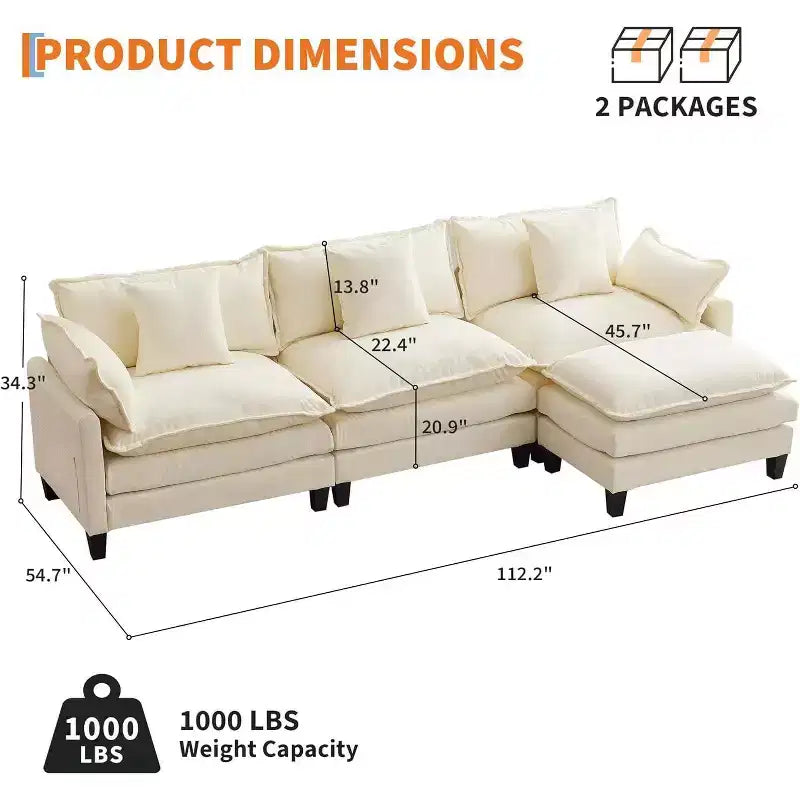 112''L-Shaped Modern Sofa Modular Combination Cloud Sofa with Ottoman 3-Seater Chenille Combo Set with 1 Footstool for Home