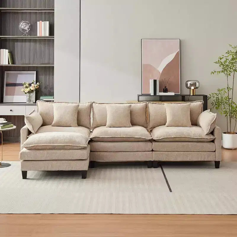 112''L-Shaped Modern Sofa Modular Combination Cloud Sofa with Ottoman 3-Seater Chenille Combo Set with 1 Footstool for Home