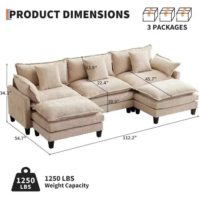 112''L-Shaped Modern Sofa Modular Combination Cloud Sofa with Ottoman 3-Seater Chenille Combo Set with 1 Footstool for Home