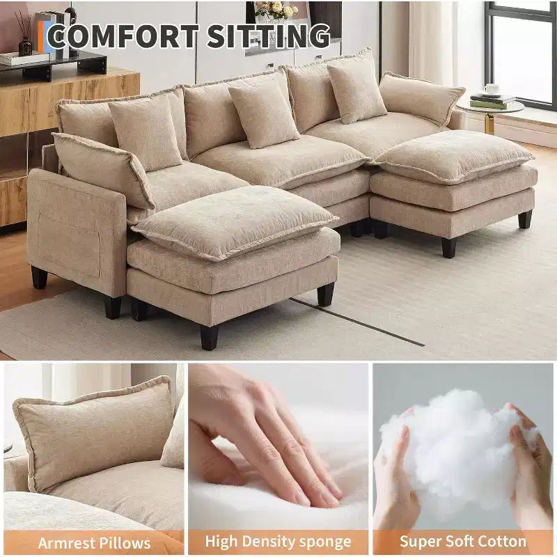 112''L-Shaped Modern Sofa Modular Combination Cloud Sofa with Ottoman 3-Seater Chenille Combo Set with 1 Footstool for Home