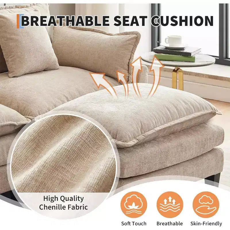 112''L-Shaped Modern Sofa Modular Combination Cloud Sofa with Ottoman 3-Seater Chenille Combo Set with 1 Footstool for Home