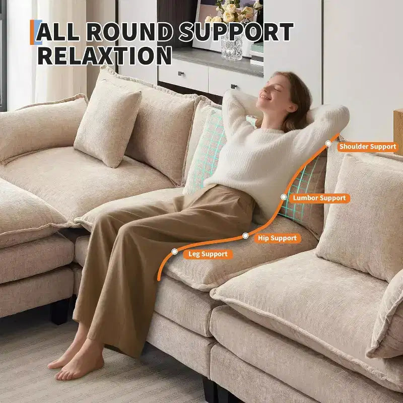 112''L-Shaped Modern Sofa Modular Combination Cloud Sofa with Ottoman 3-Seater Chenille Combo Set with 1 Footstool for Home