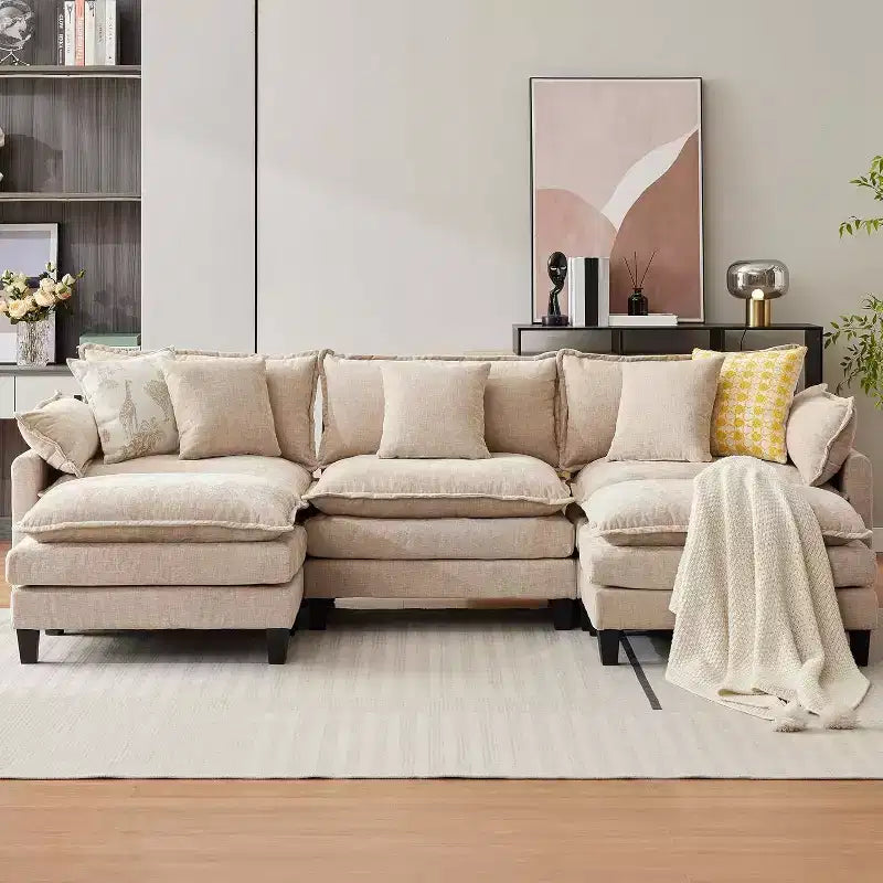 112''L-Shaped Modern Sofa Modular Combination Cloud Sofa with Ottoman 3-Seater Chenille Combo Set with 1 Footstool for Home