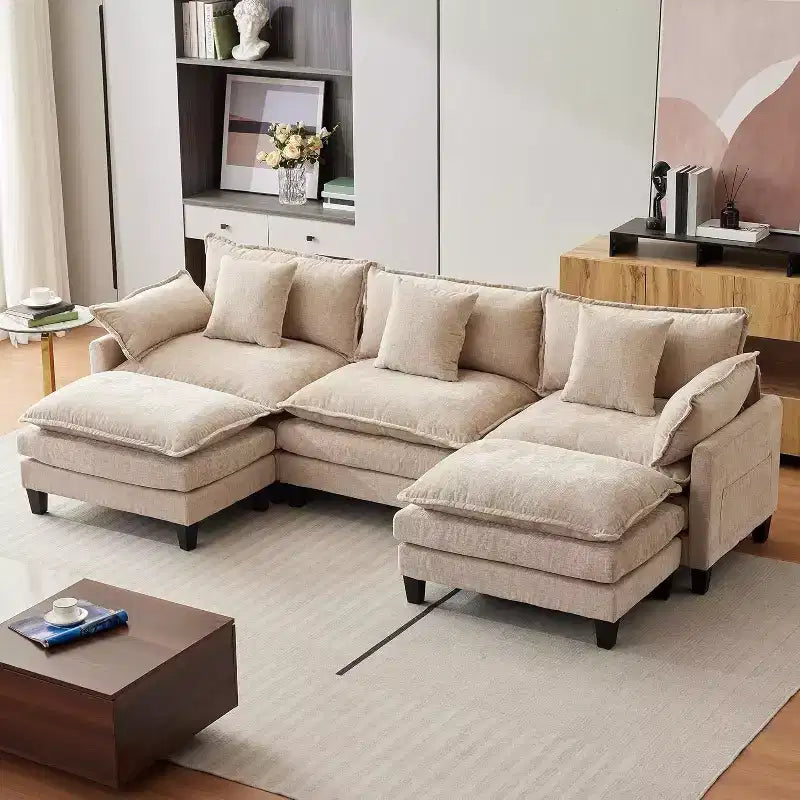 112''L-Shaped Modern Sofa Modular Combination Cloud Sofa with Ottoman 3-Seater Chenille Combo Set with 1 Footstool for Home