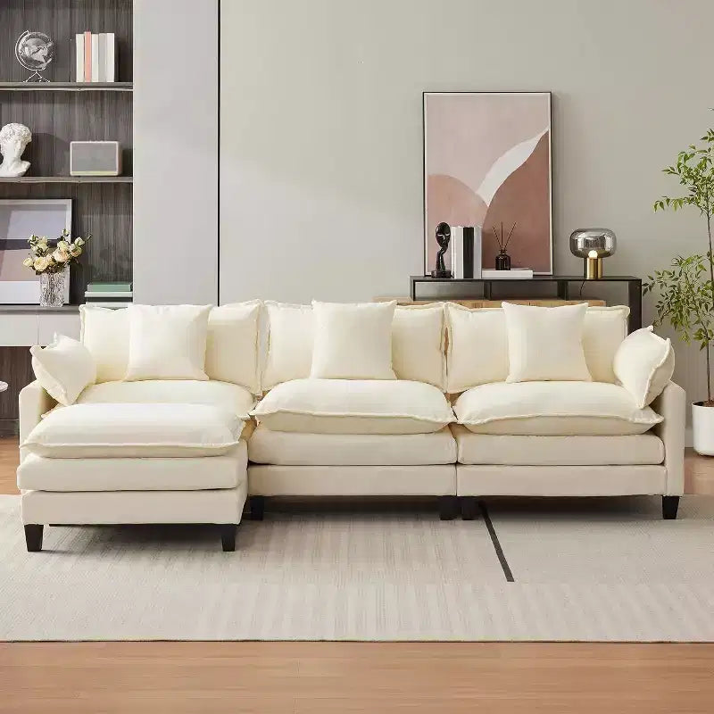 112''L-Shaped Modern Sofa Modular Combination Cloud Sofa with Ottoman 3-Seater Chenille Combo Set with 1 Footstool for Home