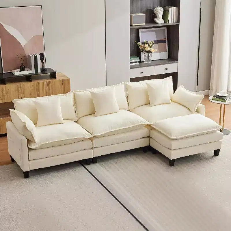 112''L-Shaped Modern Sofa Modular Combination Cloud Sofa with Ottoman 3-Seater Chenille Combo Set with 1 Footstool for Home