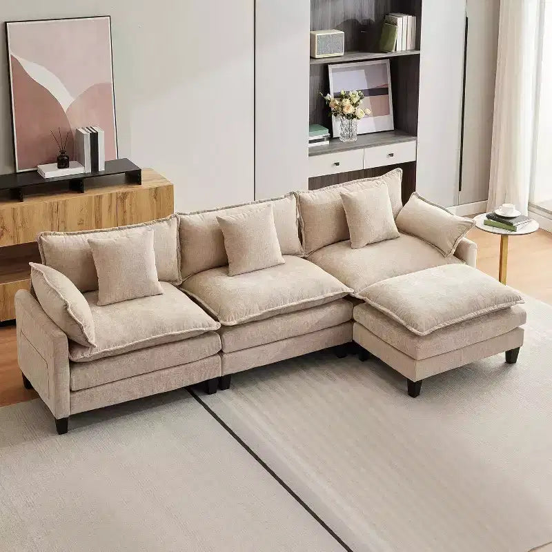 Canapé moderne modulaire en forme de L de 112 pouces, canapé nuage avec ottomane, ensemble combiné en chenille à 3 places avec 1 repose-pieds pour la maison