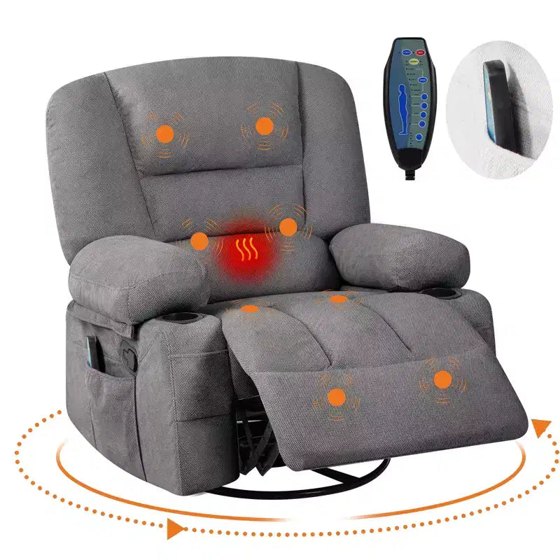 360 Swivel Recliner Chairs with Vibration Massage & Heating, Upholstered Reclining Chair with Storage Armrest