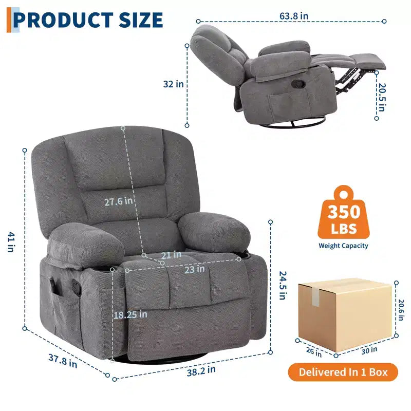 360 Swivel Recliner Chairs with Vibration Massage & Heating, Upholstered Reclining Chair with Storage Armrest