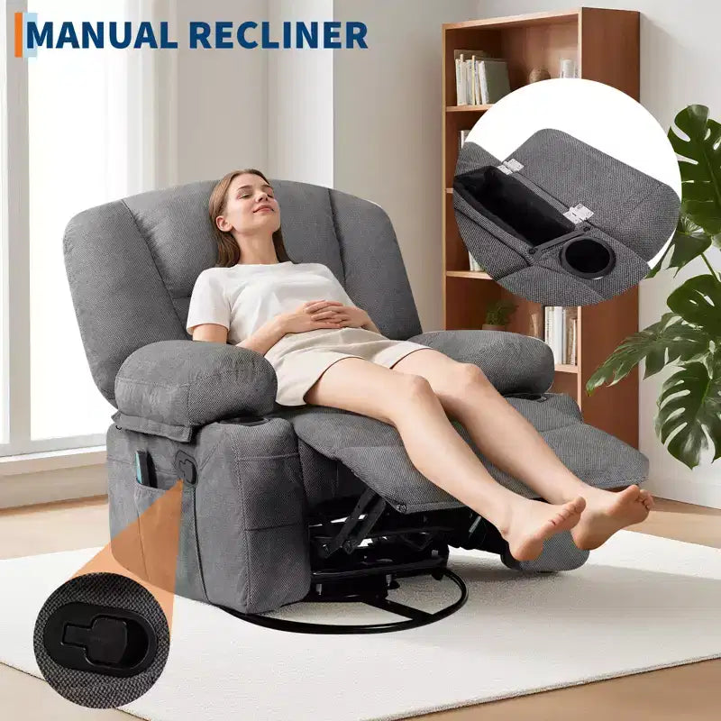 360 Swivel Recliner Chairs with Vibration Massage & Heating, Upholstered Reclining Chair with Storage Armrest