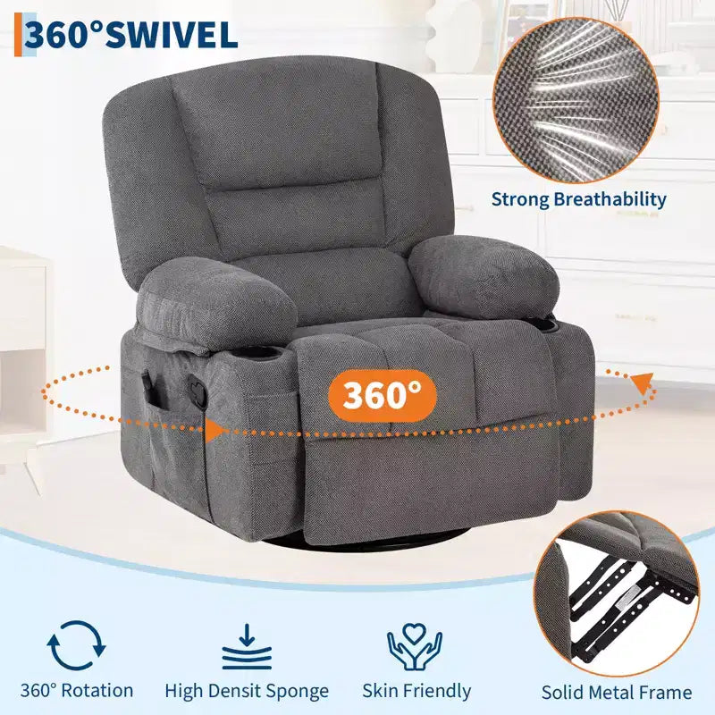 360 Swivel Recliner Chairs with Vibration Massage & Heating, Upholstered Reclining Chair with Storage Armrest