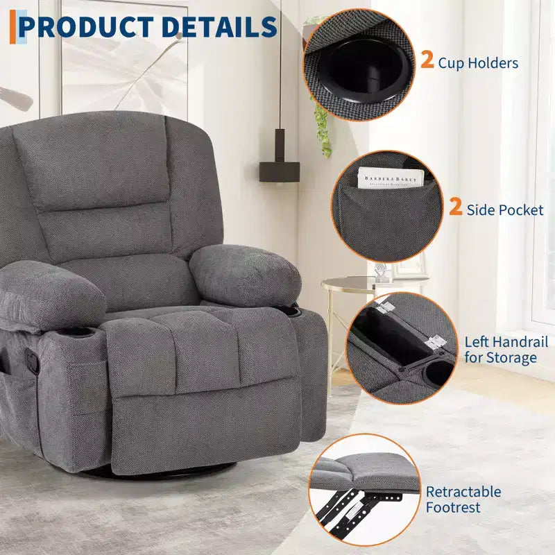 360 Swivel Recliner Chairs with Vibration Massage & Heating, Upholstered Reclining Chair with Storage Armrest