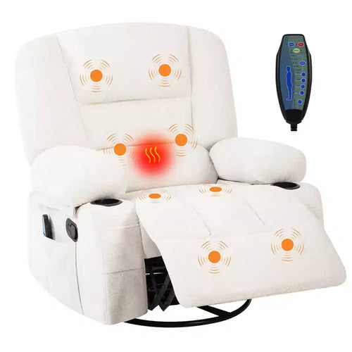 Sillones reclinables giratorios 360° con masaje vibratorio y calefacción, sillón reclinable tapizado con reposabrazos con almacenamiento