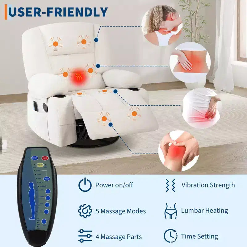 360 Swivel Recliner Chairs with Vibration Massage & Heating, Upholstered Reclining Chair with Storage Armrest