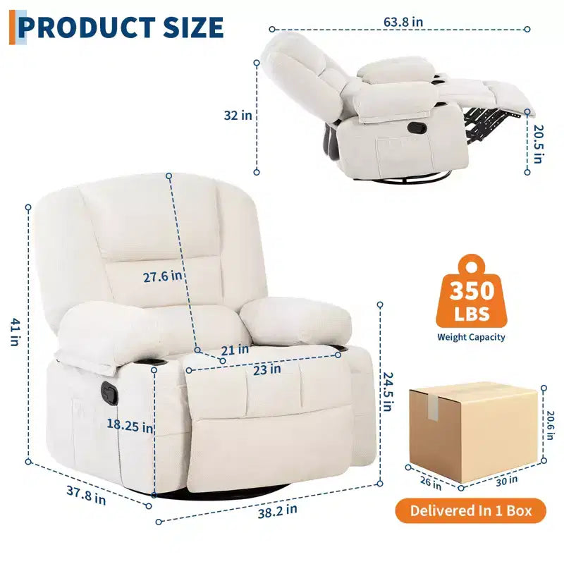 360 Swivel Recliner Chairs with Vibration Massage & Heating, Upholstered Reclining Chair with Storage Armrest